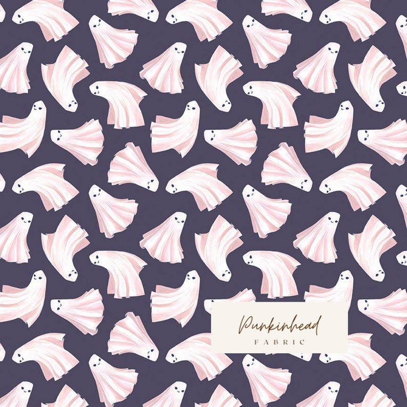 May include: A seamless pattern featuring a repeating design of pink and white ghosts on a dark purple background. The text "Pumpkinhead Fabric" is centred at the bottom of the image.