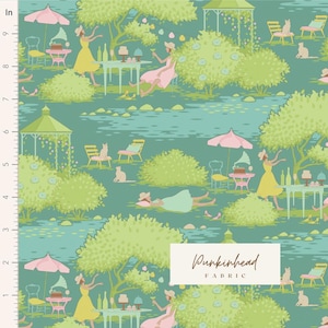 May include: A teal blue fabric with a repeating pattern of women in dresses, cats, and garden scenes. The fabric features a whimsical design with a vintage aesthetic. The text "Pumpkinhead Fabric" is printed in the bottom right corner.