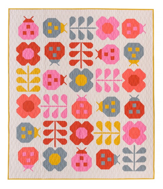 Hello Spring Quilt Pattern by Pen + Paper Patterns - PAPER Pattern, Modern Quilt Pattern, Flower Floral Ladybug Quilt Pattern