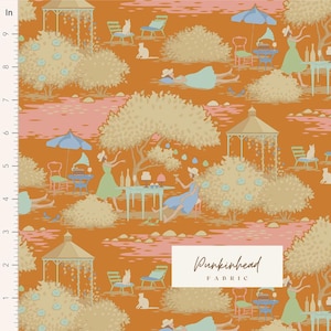 May include: A repeating pattern featuring a whimsical garden scene with people enjoying a picnic under a gazebo. The background is a warm orange color with pink accents. The pattern includes trees, flowers, cats, and a record player.