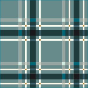 May include: A blue and white plaid pattern with thin gold lines. The pattern is repeated throughout the image.