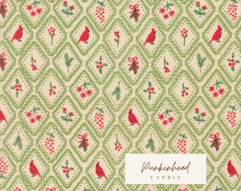 Holiday Cheer Charm Cardinals Mistletoe Green Red Vintage Christmas Fabric by Stacy Iest Hsu for Moda Cotton Quilting Fabric by the Yard