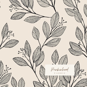 May include: A seamless pattern featuring black line drawings of leaves and berries on a cream background. The text "Pumpkinhead Fabric" is in the bottom center of the image.