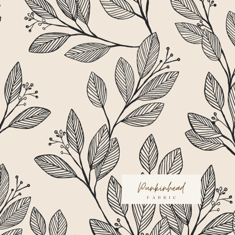 May include: A seamless pattern featuring black line drawings of leaves and berries on a cream background. The text "Pumpkinhead Fabric" is in the bottom center of the image.