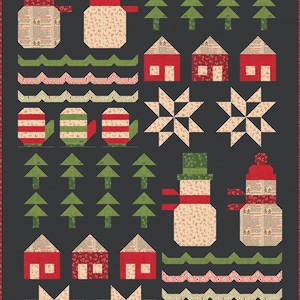 May include: A dark gray quilt featuring a repeating pattern of holiday-themed blocks including snowmen with red hats, green pine trees, red houses, eight-pointed stars, striped mittens, and wavy lines in red, green, and cream fabric prints.