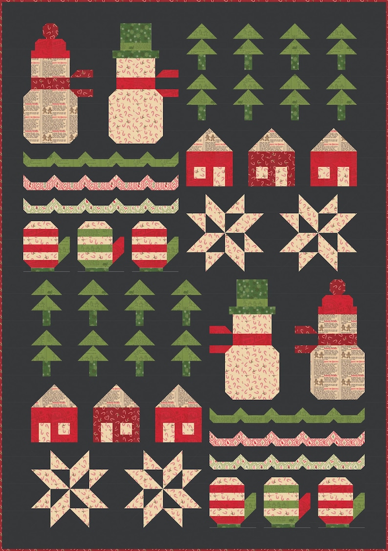 May include: A dark gray quilt featuring a repeating pattern of holiday-themed blocks including snowmen with red hats, green pine trees, red houses, eight-pointed stars, striped mittens, and wavy lines in red, green, and cream fabric prints.