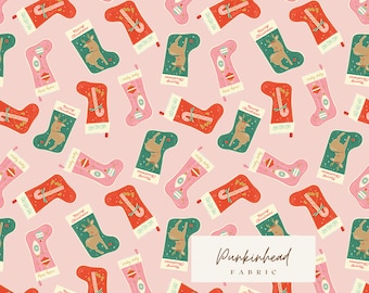 Holiday Cheer Christmas Stockings in Pink by Riley Blake Cotton Quilting Fabric by the Yard, Vintage Christmas Fabric