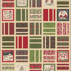 May include: A patchwork quilt featuring a grid of alternating blocks with Christmas-themed illustrations and patterns in red, green, and cream. The design includes text such as The Christmas Bells Are Ringing, Merry Christmas To All, and My Deer Christmas Is Near.