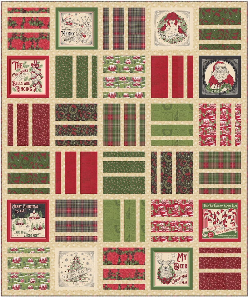 May include: A patchwork quilt featuring a grid of alternating blocks with Christmas-themed illustrations and patterns in red, green, and cream. The design includes text such as The Christmas Bells Are Ringing, Merry Christmas To All, and My Deer Christmas Is Near.