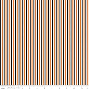 May include: Vertical striped fabric with alternating black, orange, and white stripes. The fabric is measured in inches, with the text "Riley Blake Designs" visible.