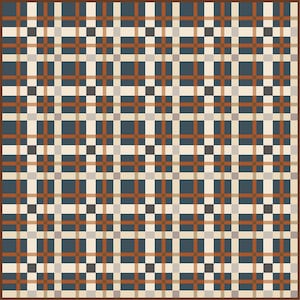 May include: A square textile with a plaid pattern. The design features a grid of intersecting lines in shades of navy blue, cream, brown, and gray. The border is a solid brown. The overall aesthetic is geometric and symmetrical.