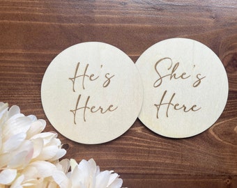 She’s Here He is Here Modern Baby Birth Announcement sign / She is Here He is Here / Newborn Plaque / Newborn Photo Prop
