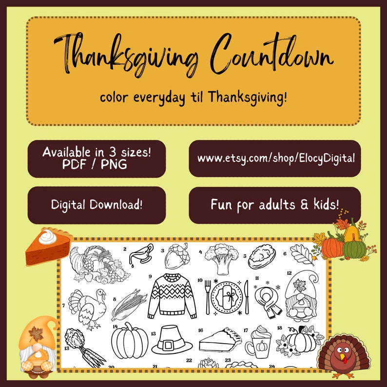 Thanksgiving Countdown Calendar Coloring Page Cute Cartoons - Etsy