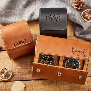 Gepersonaliseerde lederen horlogekast, aangepaste herenhorlogekast, gegraveerde draagbare horlogedoos, bruine reishorlogedoos, stalknechtcadeau, vaderdagcadeau
