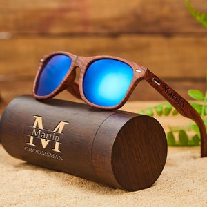 Gepersonaliseerde Groomsman zonnebril met doos, gegraveerde beste man zonnebril, aangepaste zonnebril, monogram mannen zonnebril, stalknecht geschenken voor hem