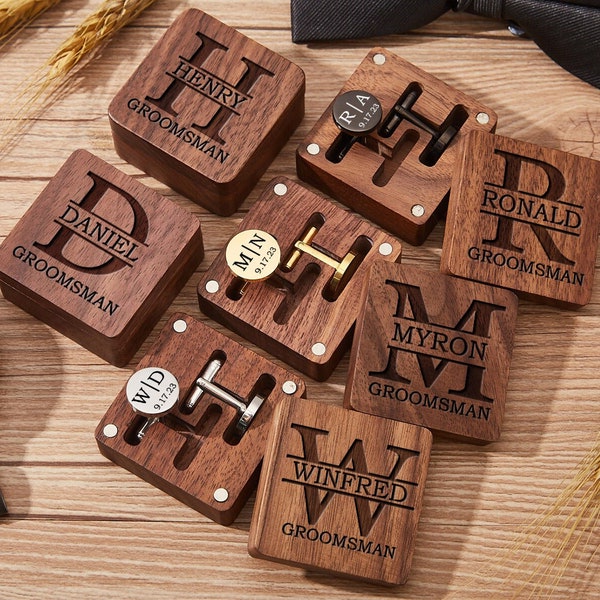 Gepersonaliseerde Bruiloft Manchetknopen voor Bruidegom Manchetknopen Met Box Set Bruidsjonkers Gift Custom Gegraveerde Manchetknopen Houten Manchetknopen Box Cadeau Voor Mannen