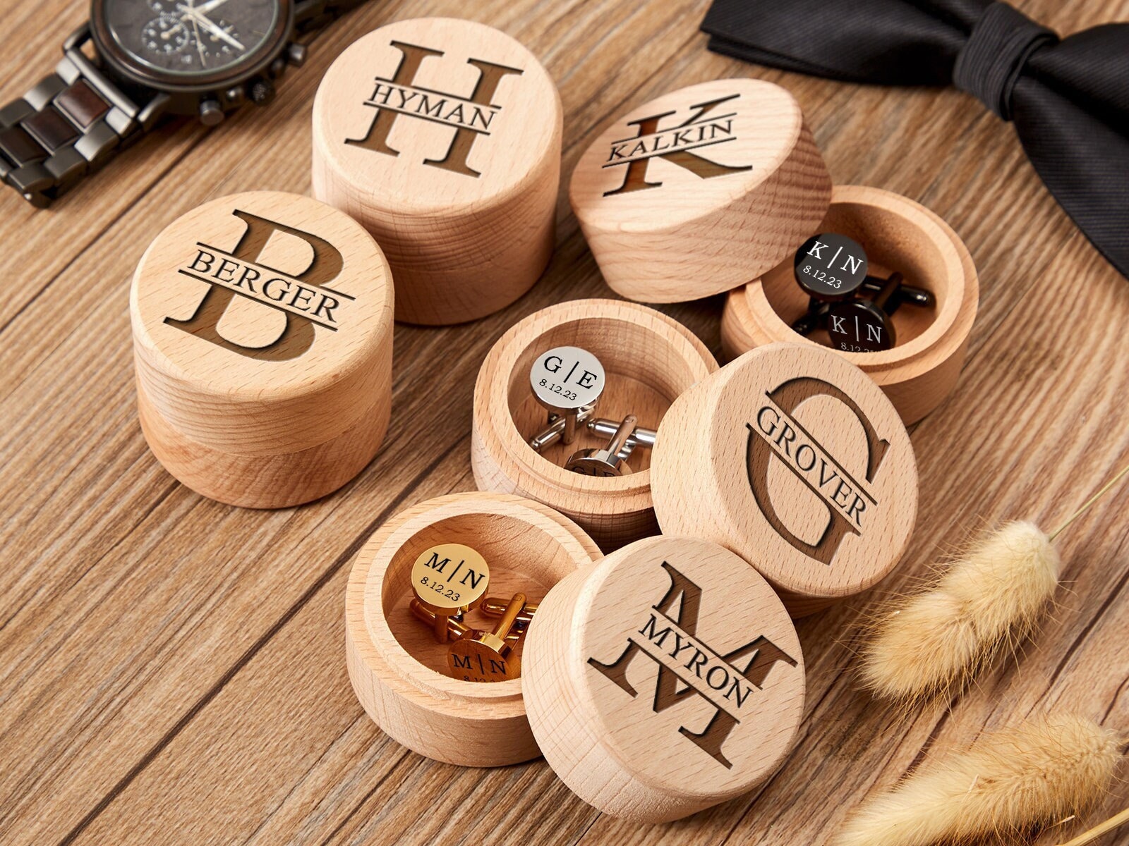 Personalized Grey Ginko Lacquered Wood Watch Cufflink Case & Ring