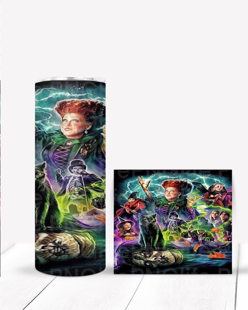 May include: A stainless steel tumbler with a colorful graphic of characters from the Hocus Pocus movie. The graphic features a black cat, a witch, and other characters from the film. The tumbler is a great way to show your love for the movie.