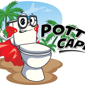 May include: A cartoon toilet wearing a red cape and glasses with the text "POTTY CAPE" in black letters. The toilet is standing on a brown surface with palm trees in the background.