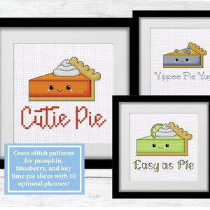 Cross Stitch Patterns of Pumpkin Pie, Key Lime Pie, and Blueberry Pie with 10 optional phrases