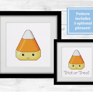 May include: Cross stitch pattern of a cute cartoon candy corn with a white, orange, and yellow design. The pattern includes 5 optional phrases, including "Trick or Treat".