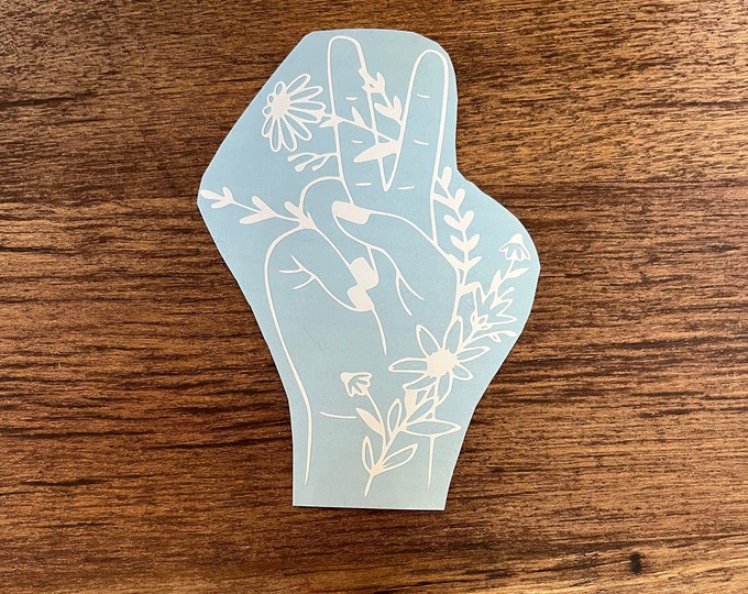 Boho Floral Peace Sign Hand Vinyl Decal, Flower Hand Laptop Sticker, Hippie Car Decal, Cute Flower Peace Sign