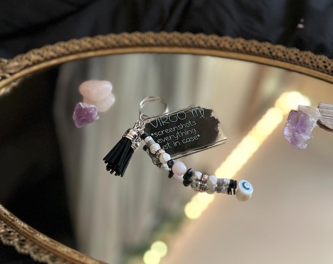 Strength & Love Gemstone Keychain with Tag,  Lava Stone and Gemstone Beads with Custom Engraving, Evil Eye Charm