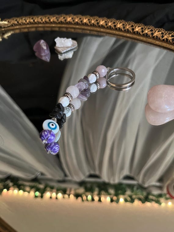 Handmade Gemstone Keychain: Howlite, Rose Quartz, Amethyst, Lava Beads & Evil Eye Charm