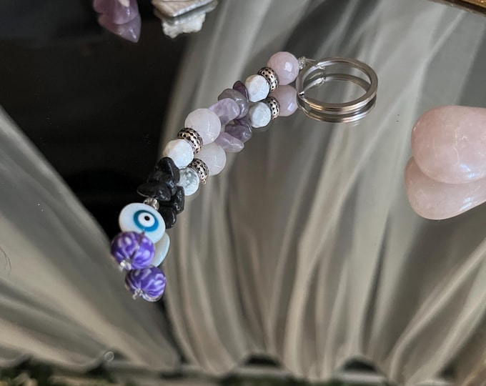 Gemstone Keychain Handmade with Howlite, Rose Quartz, Amethyst & Lava Beads, Protective Evil Eye Charm, Spiritual Gift for Loved Ones