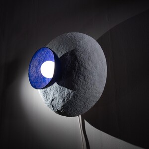 AIN- paper wall lamp with glass globe, white and ultramarine blue