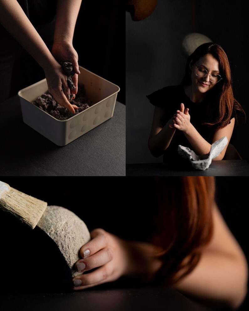 May include: A three-panel image depicting a craft process. The first panel shows hands mixing a dark material in a beige container. The second panel shows a person clapping their hands. The third panel shows a brush applying a light-coloured material to a stone.