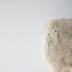 May include: A light beige, textured, rounded object against a white background. The object has a rough, uneven surface with a natural, organic appearance. The shape is smooth and curved.