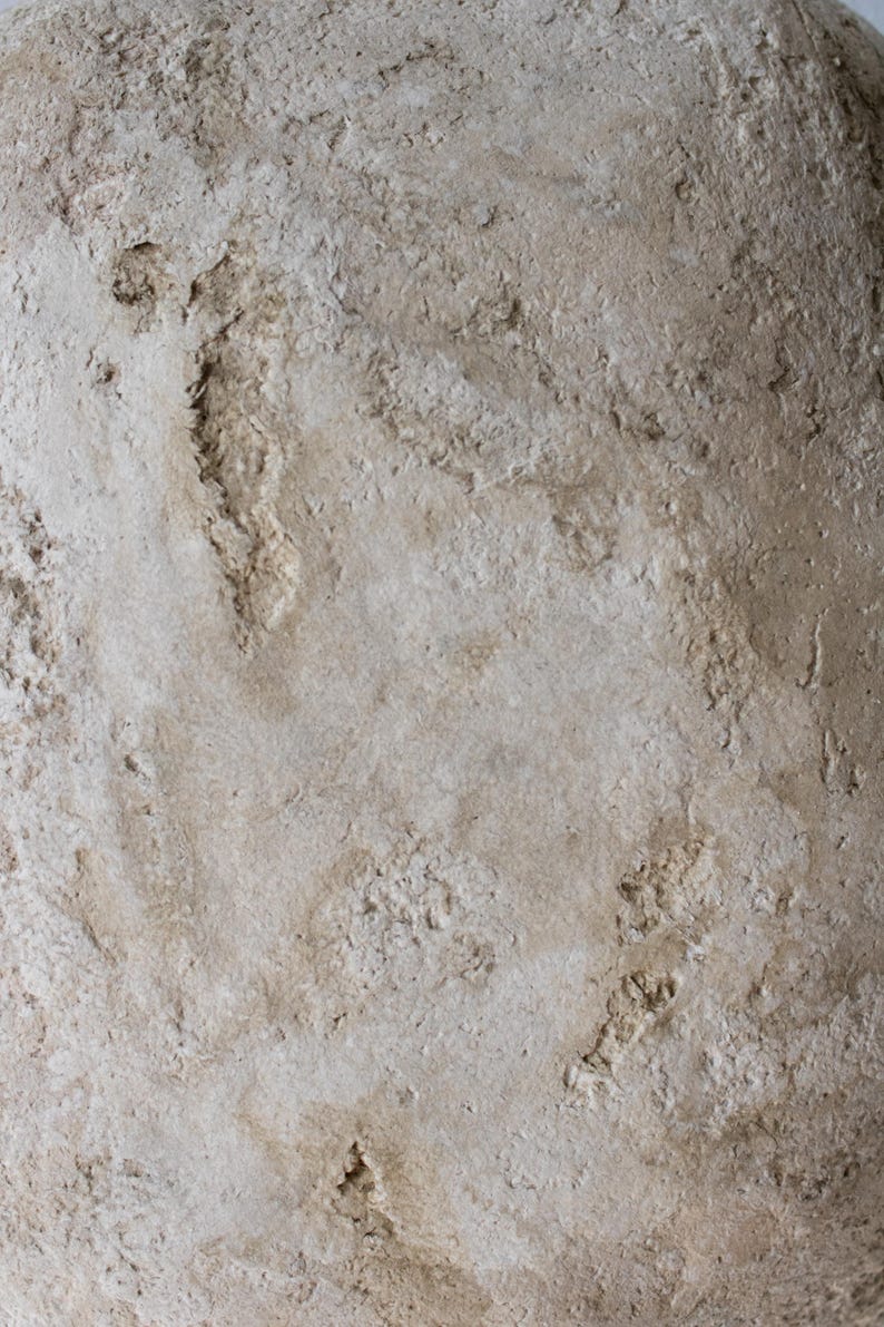 May include: Close-up of a textured, light beige surface. The surface has a rough, uneven texture with areas of raised and recessed detail. The colour is a warm, neutral tone, with subtle variations in shade. The overall appearance suggests a natural material.