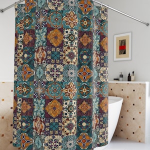 Moroccan Tile Shower Curtain Rustic Bath Decor Vintage Design Home Decor Colorful Spanish Inspired Decor