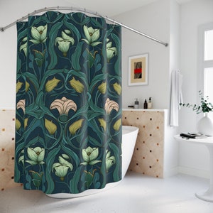 Art Nouveau Shower Curtain Vintage Bathroom Decor emerald green Shower Curtain blush floral pattern art nouveau bath decor, Gift for Home
