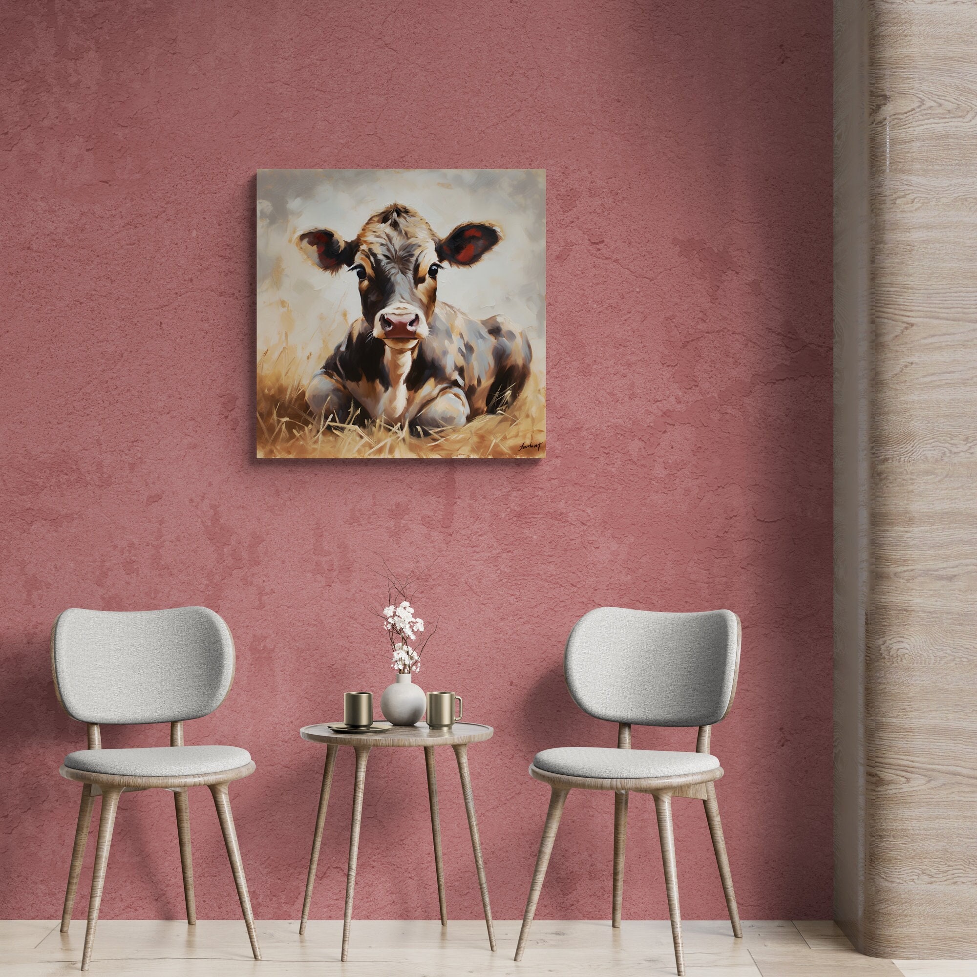 Handpainted Cow Print on Canvas Cow Painting Print Art Farmhouse Home