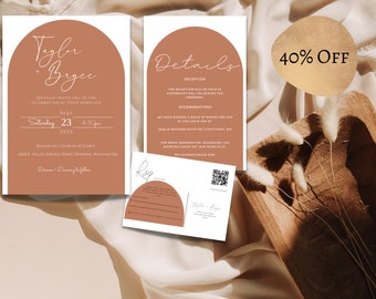 May include: A wedding invitation suite with a modern design. The invitation features a terracotta arch with the names "Tylor + Bryce" in white script. The details card includes information about the ceremony and reception, as well as accommodations. The RSVP card has a QR code and a space for guests to write their names.