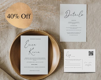 Conjunto de plantillas de invitación de boda moderna, invitación de boda elegante, paquete de invitación imprimible, código QR RSVP