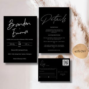 Black Wedding Invitation Suite, Modern Editable Template, Black and white wedding Invite, QR Code Rsvp, Digital Download