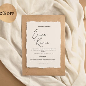 May include: A wedding invitation with a rustic brown envelope and a white card with the text "Erice + Kevin" in black calligraphy. The invitation includes the date, time, and location of the wedding ceremony and reception.