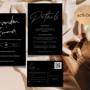 Black Wedding Invitation Suite, Modern Editable Template, Black and white wedding Invite, QR Code Rsvp, Digital Download
