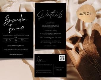 Black Wedding Invitation Suite, Modern Editable Template, Black and white wedding Invite, QR Code Rsvp, Digital Download