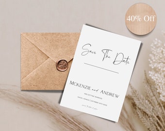 May include: A white save the date card with black text that reads "Save The Date" and "MCKENZIE and ANDREW are getting married KAUAI, HAWAII | OCTOBER 14TH 2023".