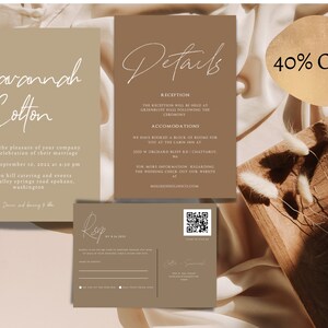 May include: A wedding invitation suite with a brown background. The invitation features the names "Savannah + Cotton" in a white script font. The details card includes the reception and accommodation information. The RSVP card has a QR code and a space for guests to write their names.