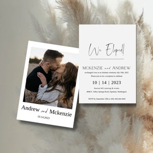 Boho beige schakingsaankondigingssjabloon, we elopement-kaart, bruiloftsaankondigingskaart, minimalistische schakingskaart met foto
