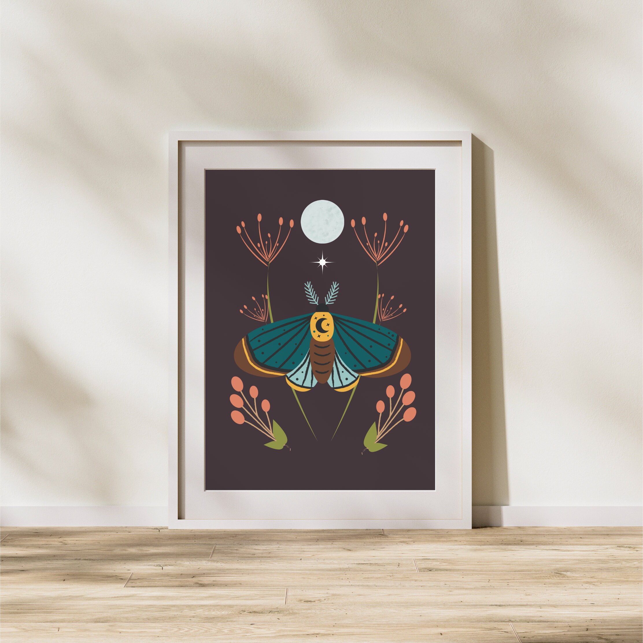 Moth and Moon Downloadable Art Print Dark Neutral Vintage - Etsy