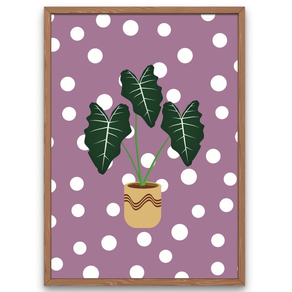 Boho botanical purple alocasia downloadable art print, Retro spotty house plant wall decor poster