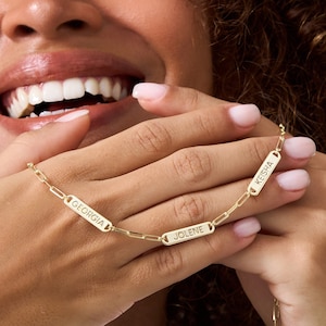 14Kゴールドマルチネームバーネックレス（ペーパークリップ付き）、カスタム刻印チャームネックレス、ペーパークリップネックレス、ママへのベビーシャワーギフト