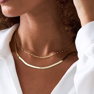 14k Gold Herringbone Chain Necklace, Sterling Silver Snake Chain Necklace, Everyday Minimalist Snake Chain Gold, Flat Snake Chain for Women
