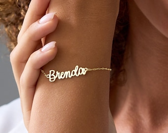 Pulsera con nombre en oro de 14 quilates, pulsera con nombre para niños, pulsera con nombre para bebés, pulsera con nombre pequeño, pulsera con placa personalizada, regalos personalizados para ella